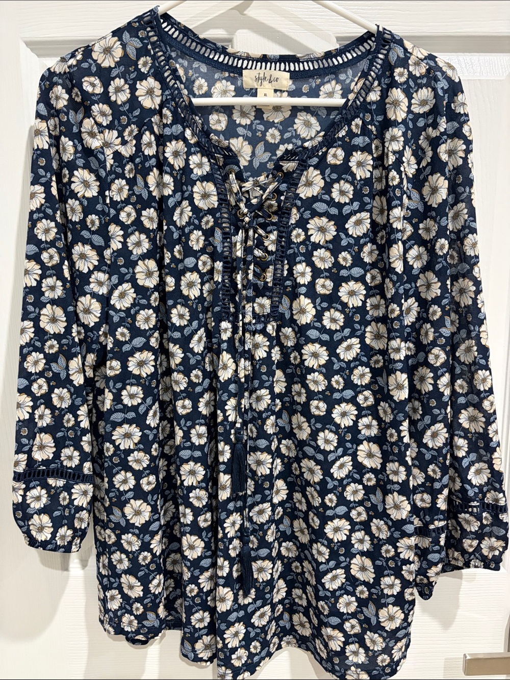 Style & Co. Navy Floral Lace-Up Blouse, Boho Style, Size XL